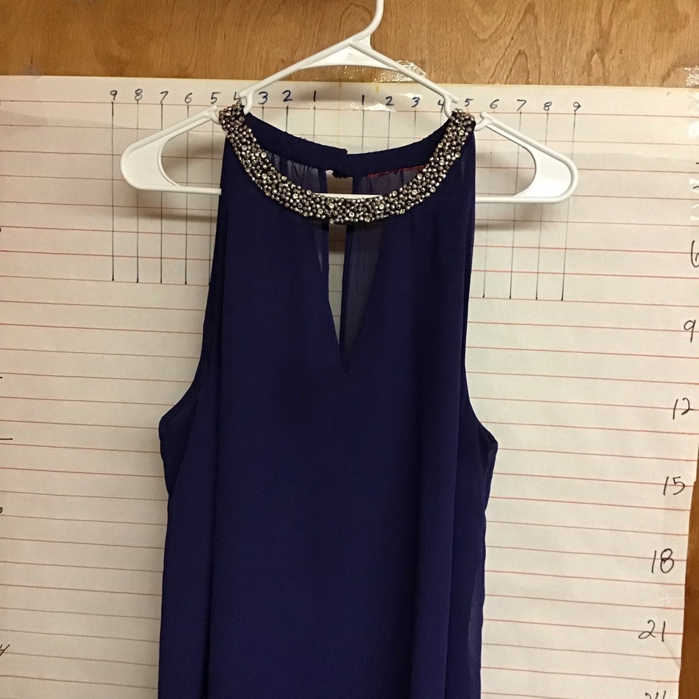 WOMAN'S DRESSY TUNIC blue with rhinestones around the collar, and, inner layer